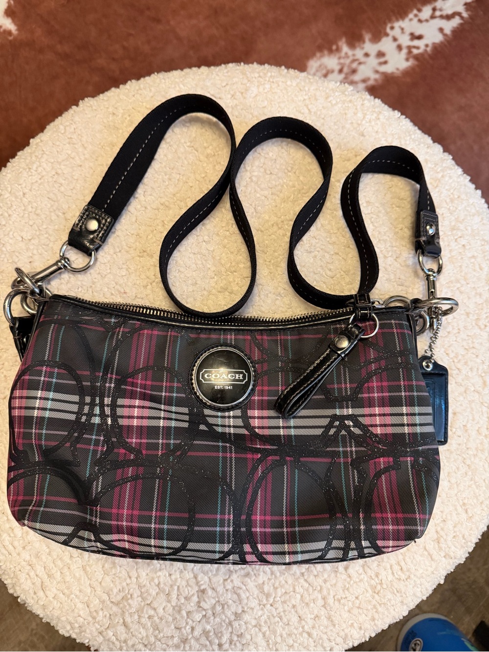 VTG Coach Poppy Tartan Plaid Groovy Crossbody Bag Pink Black Glitter F17670 EUC